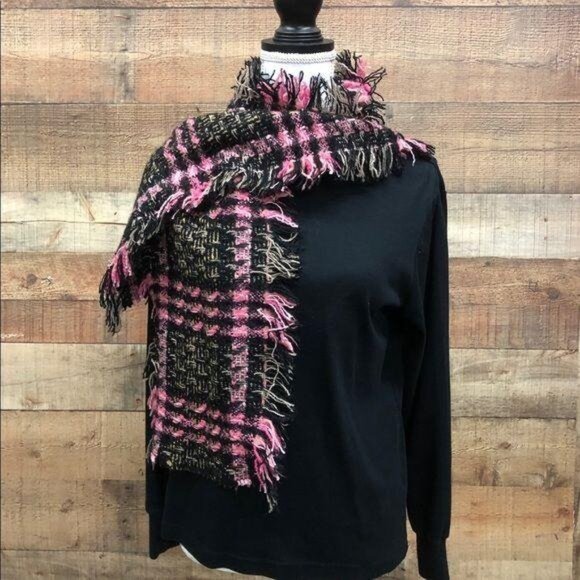 Tanner Wool Blend Fringed Pink Gray and Black Winter Plaid Scarf - Picture 5 of 7